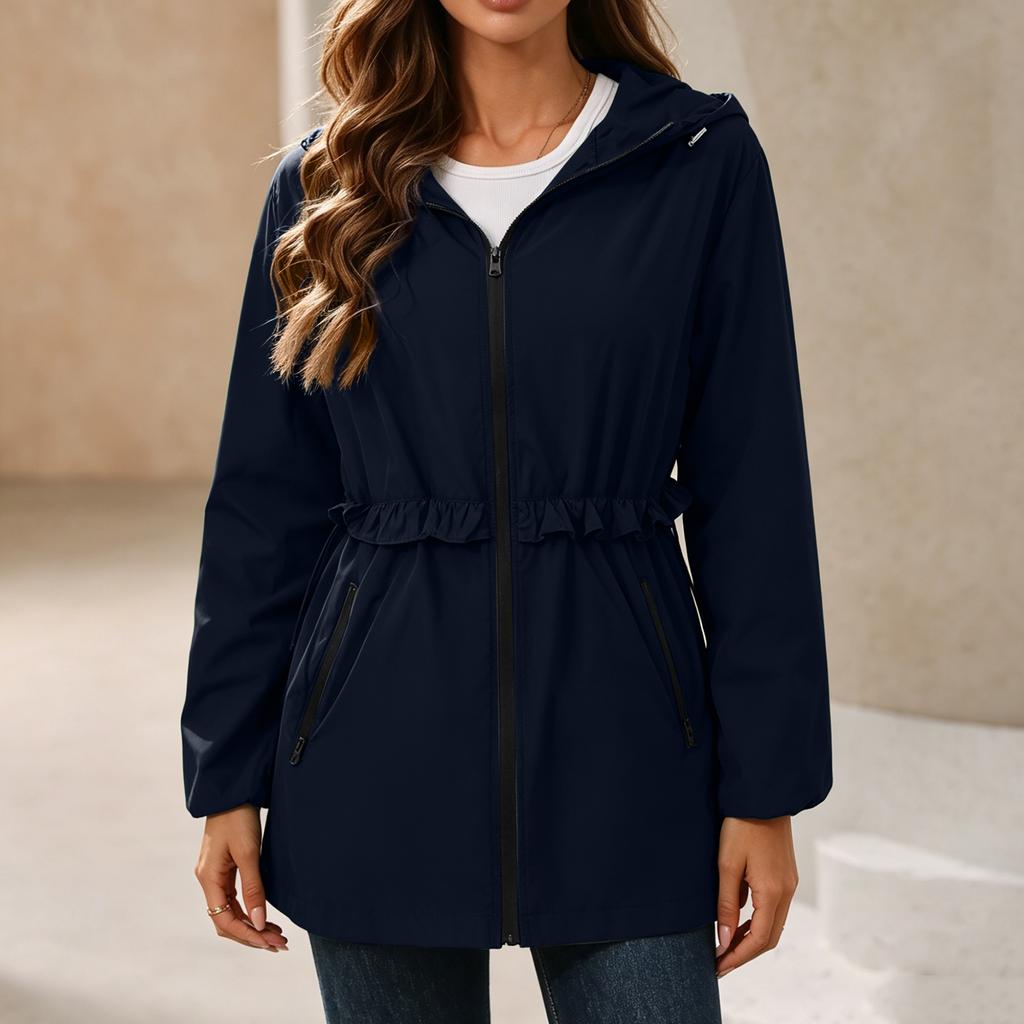 Wasserdichte Regenjacke für Damen mit Kapuze, Windjacke, Leichte, Wasserabweisende Jacke mit Taschen, Verstellbare Taille für Outdoor-Aktivitäten