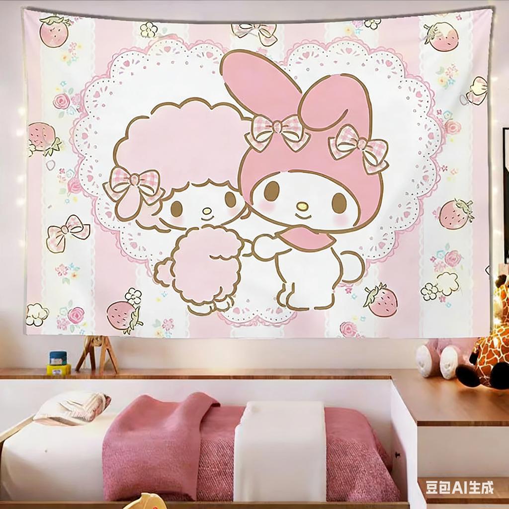 Kawaii Cartoon Characters Gift Box Tapestry Sweet Pastel Group Print Polyester Wall Hanging Cute Pink Themed Home Decor for Be