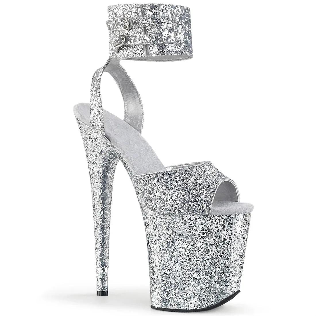 

20cm Sky High Glitter Decorative Sheet Platform High Heel Sandals Ankle Belt Buckle Steel Tube Dancing Sandals 34 белый
