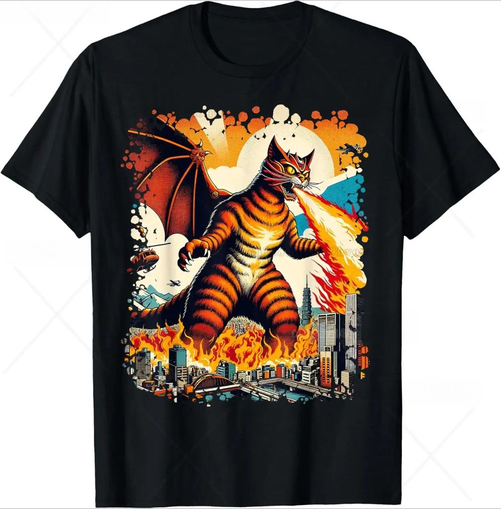 Funny Cartoon Comic Style Japanese Art Catzilla Cat Gifts for Women TShirt Unisex Cotton Oneck Tee Top Fashion Fitness T Shirt