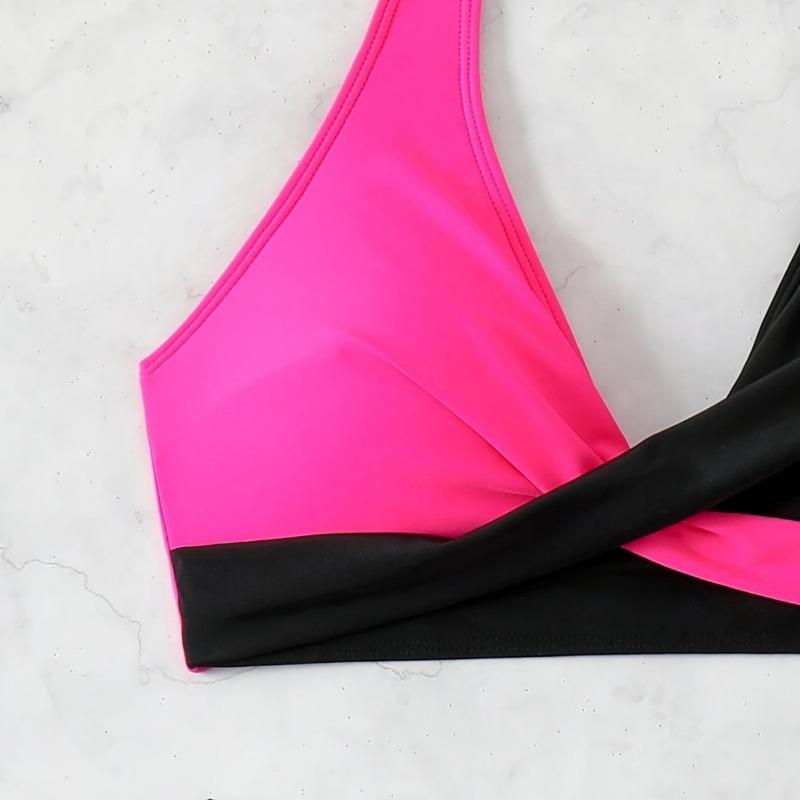 Women's Pink Black Color Block Halter Bikini Set Wrap Front High Waist Two Piece Swimsuit
