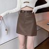 Women's Coffee Leather A-Line Mini Skirt - High-Waisted, Slimming, Petite Fit for Spring & Autumn