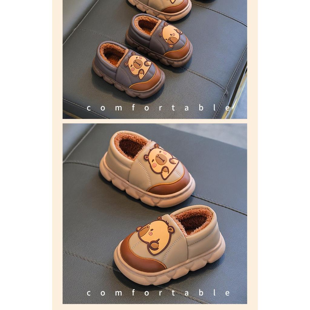 Autumn and Winter Children's Bags, Heels, Cotton Shoes, PU Leather Waterproof, Warm, and Plush Cotton Slippers for Adults and Children At Home