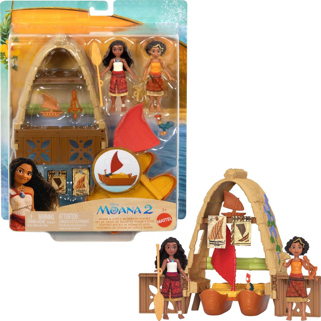 Mattel Disney Moana Moana 2 Jucărie Moana Atelier Set de joacă cu 2 păpuși plutitoare Heihei mici și 5 accesorii și păpuși Lotto, figurină, barcă,