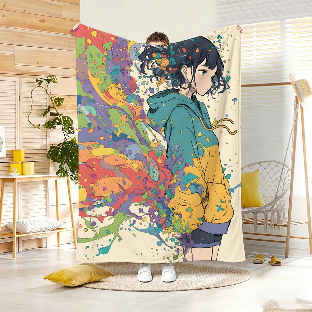 Music Dream Girl Watercolor Girl Throw Lightweight 240g Flannel Blanket Soft Skin-friendly for Summer Cooling