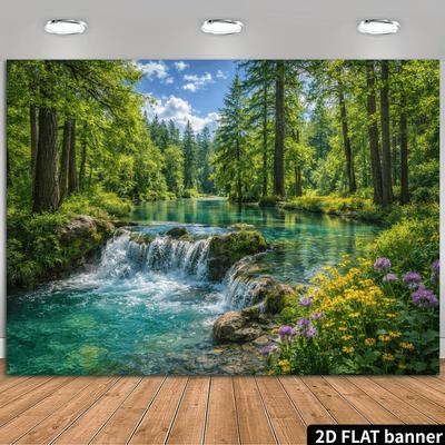 Tissu de fond sur le thème Forêt, Cascade et Ruisseau en 2D - Scène de Forêt de Pins Ensoleillée et Bassin Clair avec Cascade