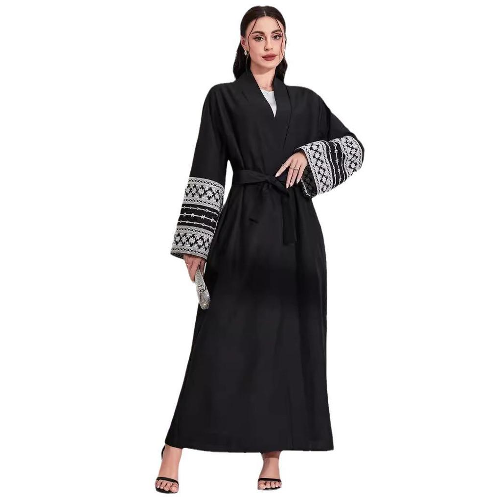 2025 Middle Eastern Muslim Fashion Embroidered Cardigan Dress with Belt and Pocket