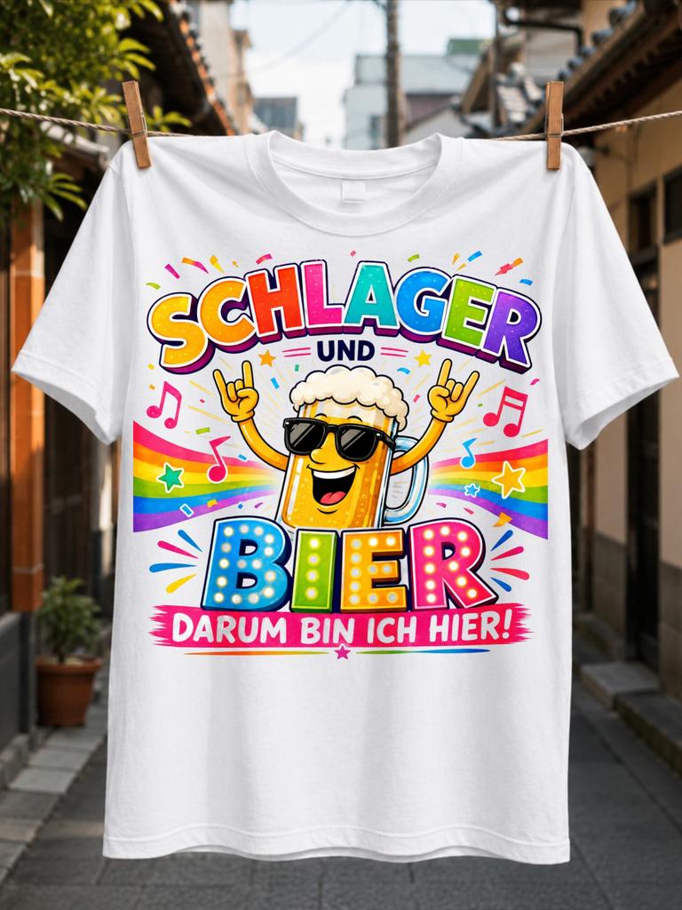 Colorful Schlager Und Bier Graphic Funny Cartoon Beer Rock Hand Rainbow Music Note Print Tee German Unisex All T-Shirt