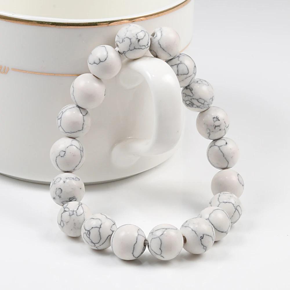 Charm Natural Stone Bracelet 6/8/10mm White Howlite Beads Bracelets For Women Men Energy Jewelry Stretch Bangle Wristband