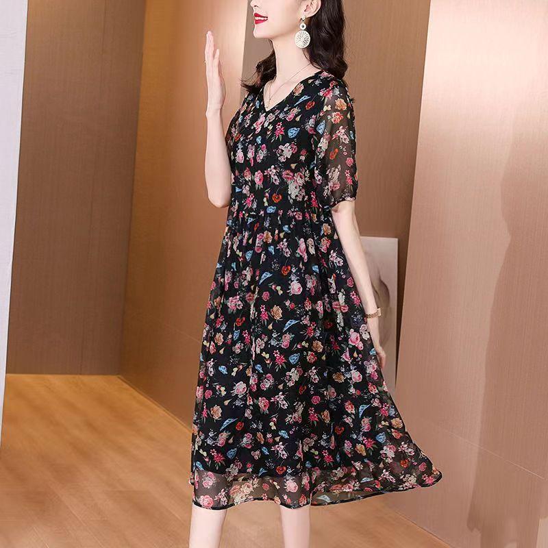 2023 New Women's Clothing Casual Simplicity Printing V-neck Loose Knee Skirts Elegant Fashion Thin Summer Short Sleeve Dresses