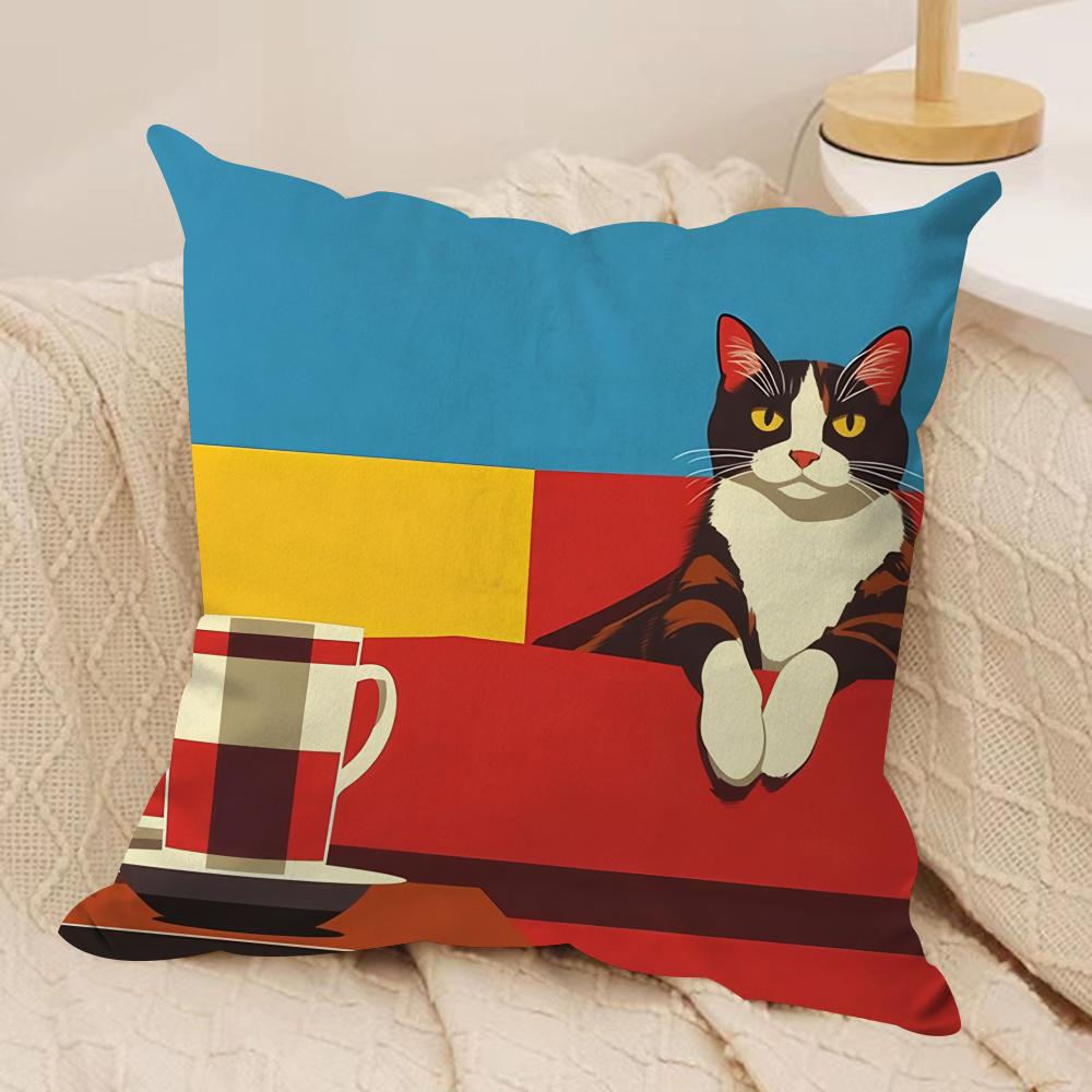 Bop Style Coffee Cats Cushion Cover Silky Short Plush Invisible Zipper Dustproof Sofa Pillow Case For Home Decor