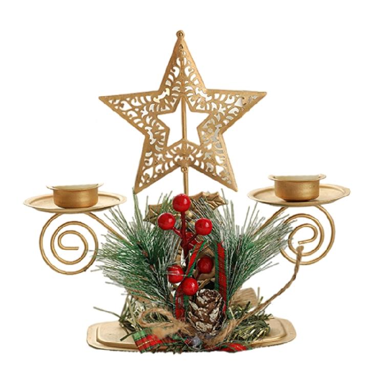 Золотой железный двойной подсвечник Домашний декор для праздника Рождество Металлический подсвечник Стойка с шишками и ягодами 1