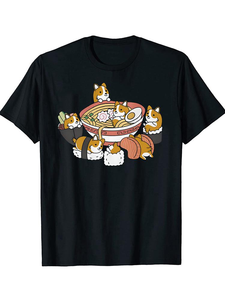 Ramen Sushi Corgi Dog Customized Camisa Top TShirts Tees Coupons Pure Cotton Casual Tshirts Printing Boy