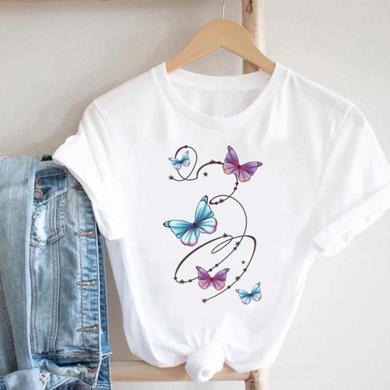 Watercolor Butterfly Tee Top Women Print Summer Fashion T-shirt Elegant Clothing Casual Short Sleeve Lady Female Graphic T-shirt