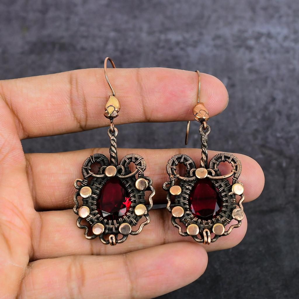 Garnet Handmade Copper Wire Wrap Jewelry Earring 2.60" d0F65