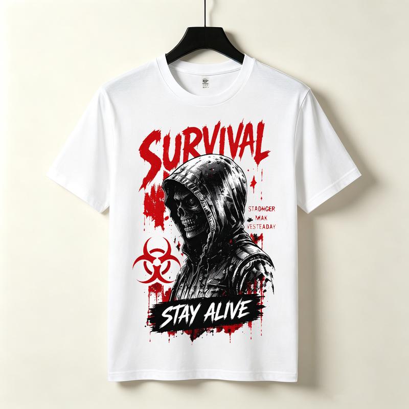 Survival Stay Alive Graphic Tshirt Skull Hood Biohazard Symbol Print Dark Grunge Gothic Streetwear Edgy Casual Urban Top