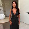 Deep V-neck Hollow Long Dress Sleeveless Slit Beach Vacation Dress Solid Color High Waist Dress