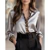 Women Satin Blouse Leopard Print Patchwork Lapel Long Sleeve V Neck Elegant Office Shirt