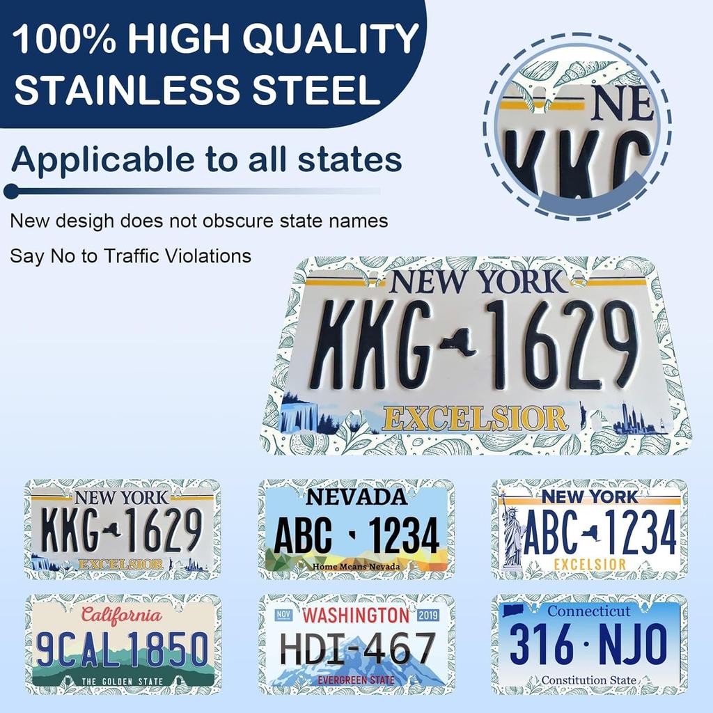 Light Blue Seashells Beachy License Plate Frame - Unobstructed Narrow-Edge 2 Packs Universal Stainless Steel Car License Plate Frames Holder Solid