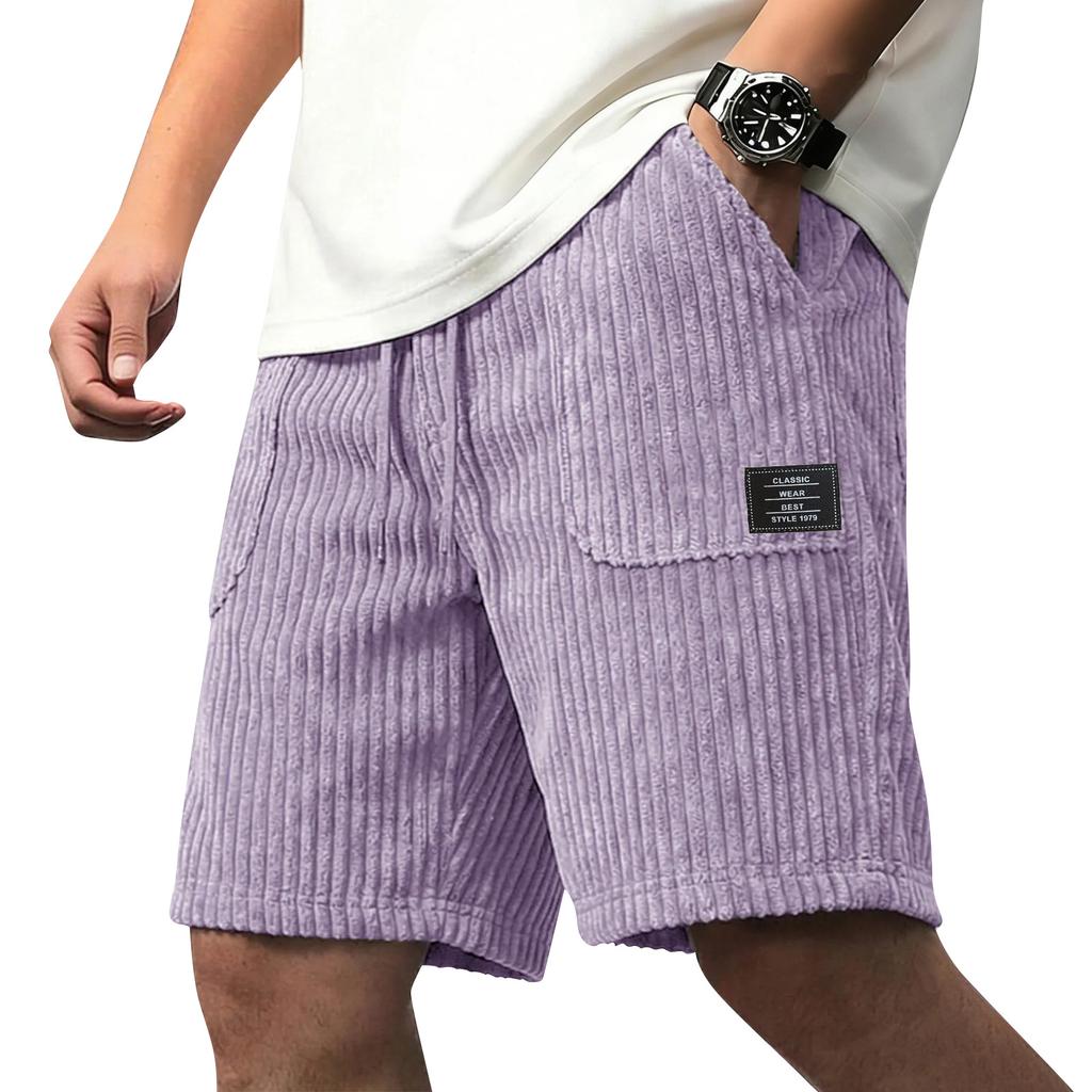 Men Corduroy Shorts Casual Loose Fit Elastic Waistband Drawstring Ribbed Texture Patch Pocket Design Summer Wear