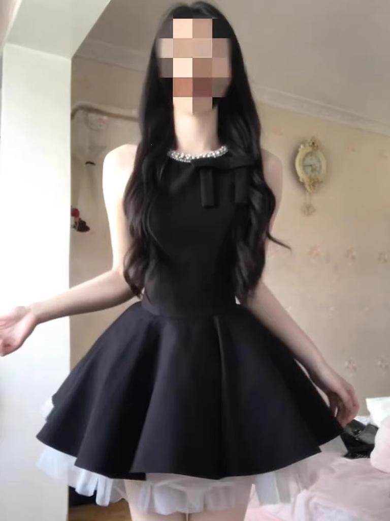 French rich daughter black vest dress women's summer Hepburn style birthday dress princess fluffy dress