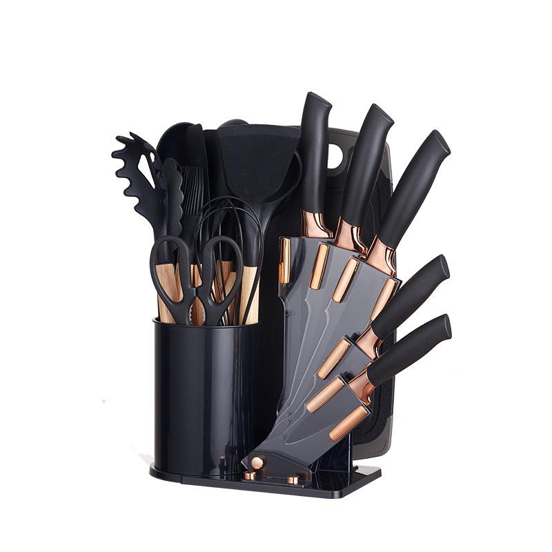 19-Piece Wooden Handle Silicone Kitchen Utensil Set with Spatulas, Spoons, Storage Bucket, and Knife Set