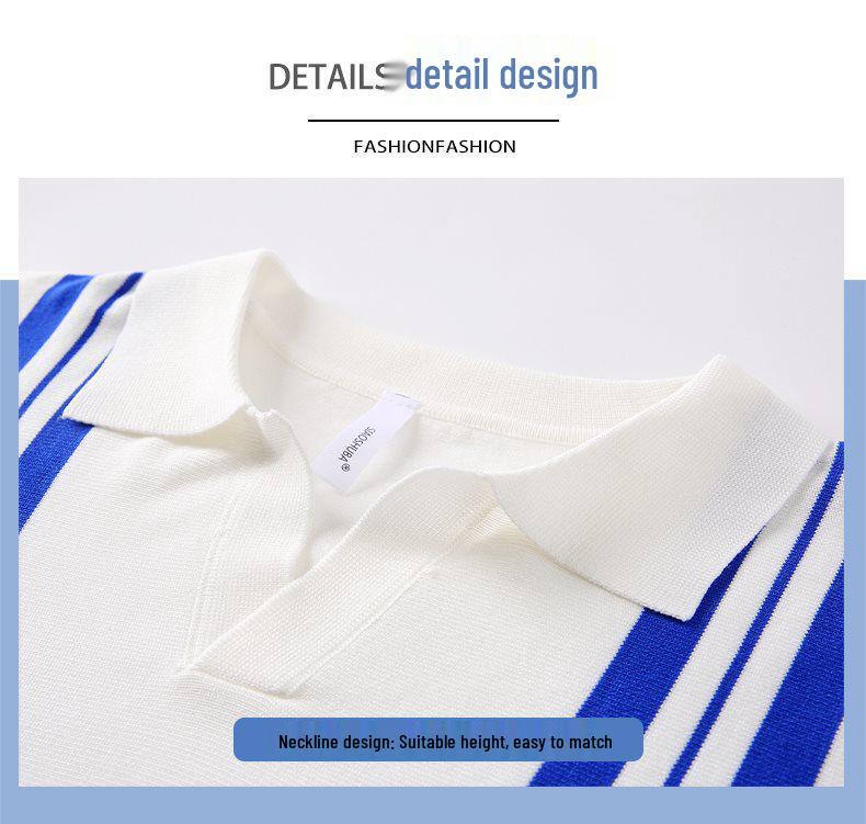 Men's Striped Patchwork Polo Collar Short Sleeve Knit Hoodie Top