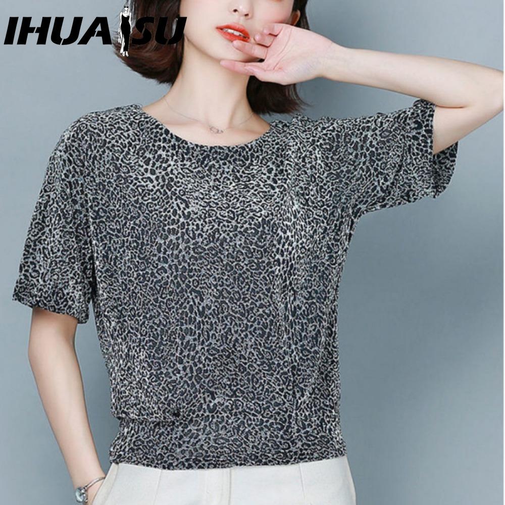 

IHUASU Женские модные повседневные блузки и рубашки с коротким рукавом и круглым вырезом с леопардовым принтом XXXXXL