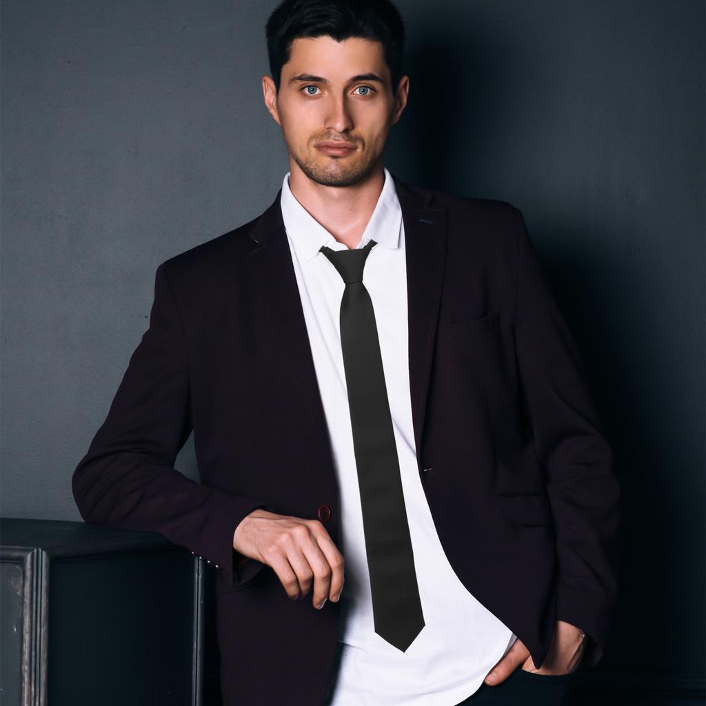 Solid Color Black Zipper Neck Tie Pre-Tied Classic Design Lightweight Comfortable Formal Party Business Men Neck Tie