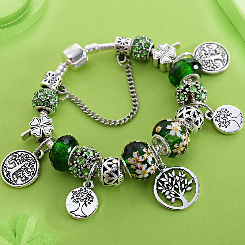 Silver Tree of Life Bead Bracelet with Green Leaf Floral Crystal Charm Fashion Jewelry for Women