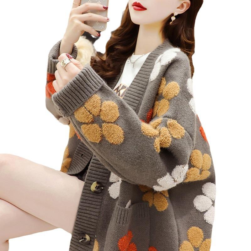 Women's Floral Knit Cardigan - Hong Kong Style, Loose Fit, Autumn/Winter 2025