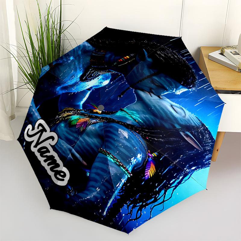 Avatar Inspired Blue Raincoat with Feather Necklace Automatic Opening Umbrella, Foldable Design, Outdoor Use, Gift for Fans and Travelers018