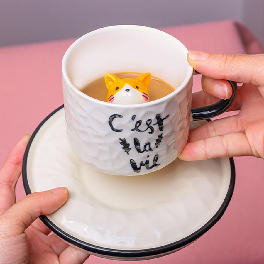 Juego de Taza y Platillo de Cerámica de Gato 3D