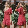 Female's Elegant Boho Floral Dress Beach Sundress Sleeve V-neck High Waist Lace-up Dresses