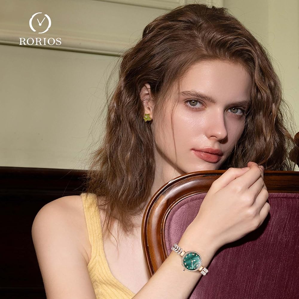 Rorios Women's Analog Quartz Watch Green Sparkling Bracelet Casual Waterproof Business Timepiece