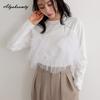 Korean Ulzzang Spring Autumn Women Streetwear Top O Neck White Gray Black Ruffles Patchwork T-Shirt Stylish Feminine Ladies' Tee