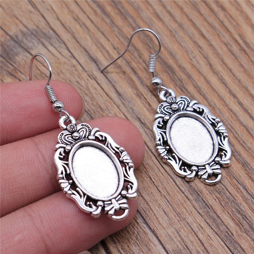 Drop & Dangle Earring Oval Ear Hook Glass Cabochon Base Setting Tray Vintage Jewelry SuppliesEarring Size 18x19mm QE017