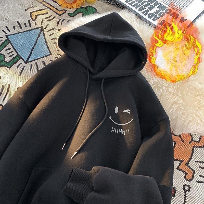 Women's Smiling Face Funny Fashion Couple Hooded Sweater American Heavyweight Loose Thickened Cashmere Boys' Hoodie Pullover Top