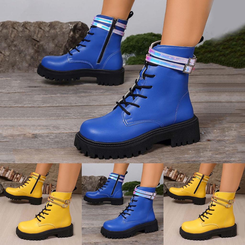 Dicke Sohle Runde Spitze Damen Einfarbige Modische Freizeit Schnürung Mittelhohe Stiefel Glitzernde Gummistiefel für Damen Mittelhoch