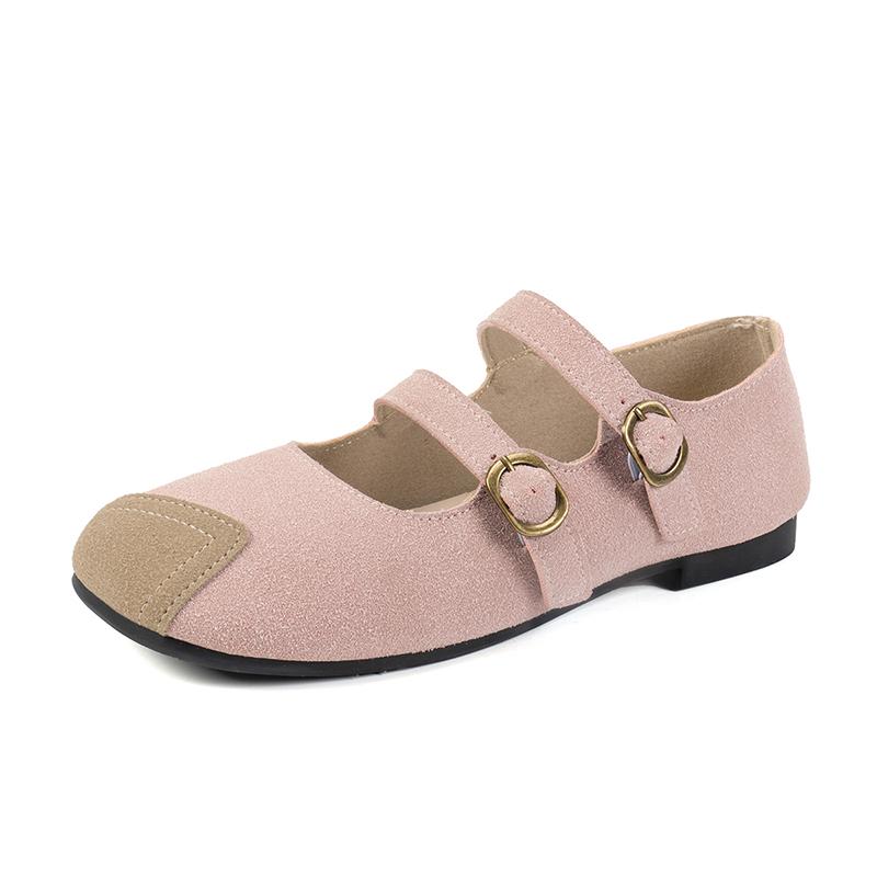 

Fashion Retro Artificial Leather Pink Ballet Shoes Woman Casual Dual Strap Suede Mary Janes Ladies Vintage Square Toe Soft Flat Zapatos 35