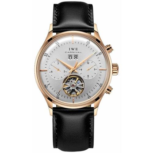Carnival Men's Automatic Skeleton Leather Watch in Rose Gold and White