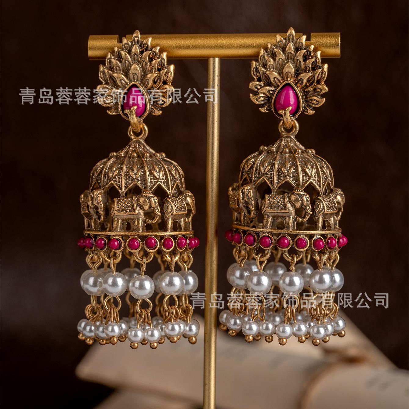Medieval Vintage Exotic Ethnic Style Elephant Pearl Tassel Unique Earrings Court Retro High-end