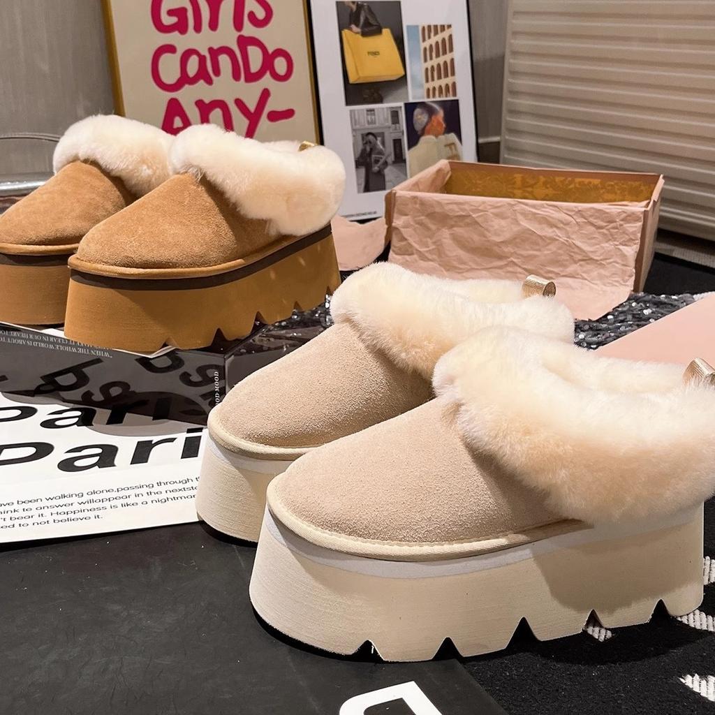 Leather wool wool shoes platform muffin small man 7 snow cotton boots one pedal half slippers women's shoes tide