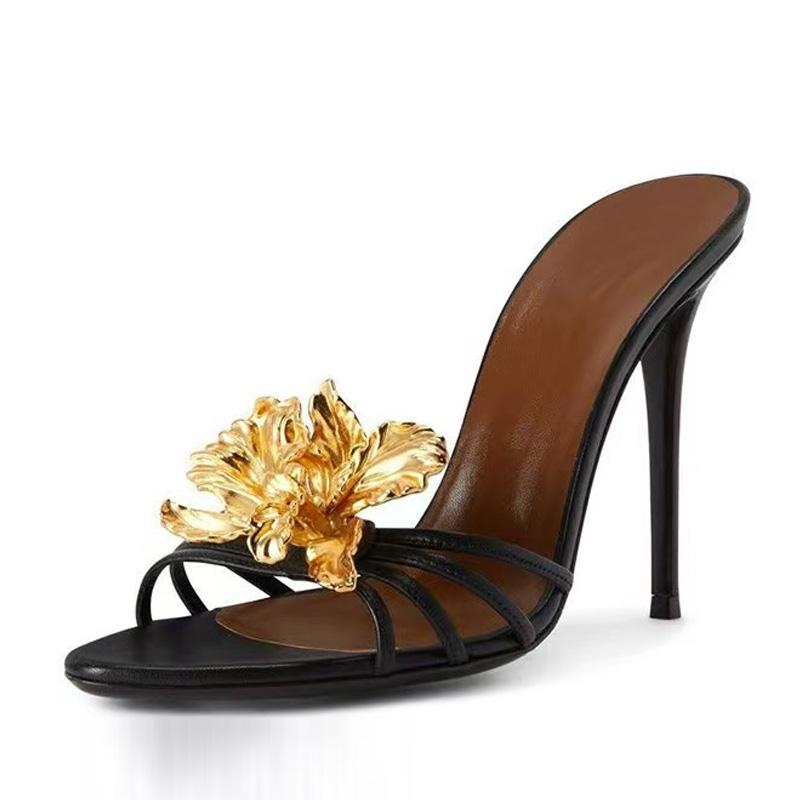 Sexy Gold High Heels Stiletto Slipper Women Fashion Metal Flowers Designer Sandal Female Mules Banquet Party Shoes Size 40