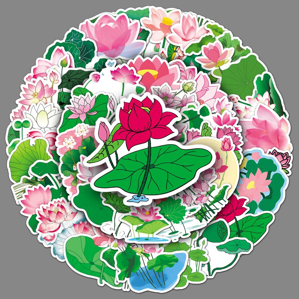 50 Lotus Leaves Doodle Small Fresh Plants Flowers Creative DIY Mobile Suitcase Stickers Waterproof