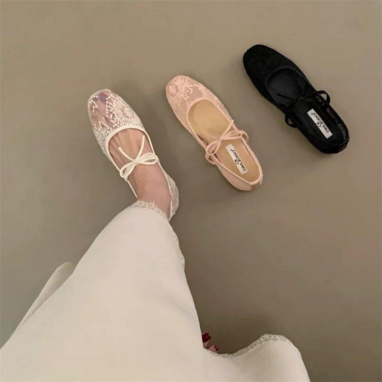 Damen Frühling Sommer Mary Jane Schuhe Ballerinas Atmungsaktives Mesh Stickerei Flats Süße Schleife Weibliche Tägliche Gehsandalen