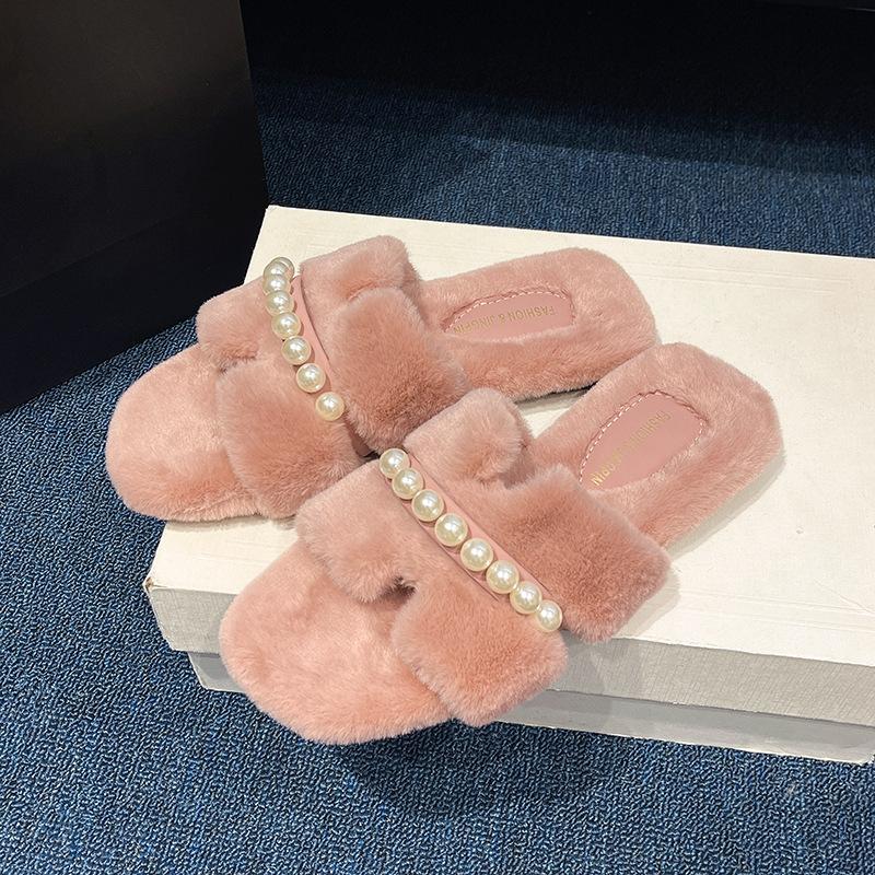 Korean version of fairy wind fluffy slippers female outer wear 2025 autumn and winter new Internet celebrity super fire fashion flat bottom cotton dra