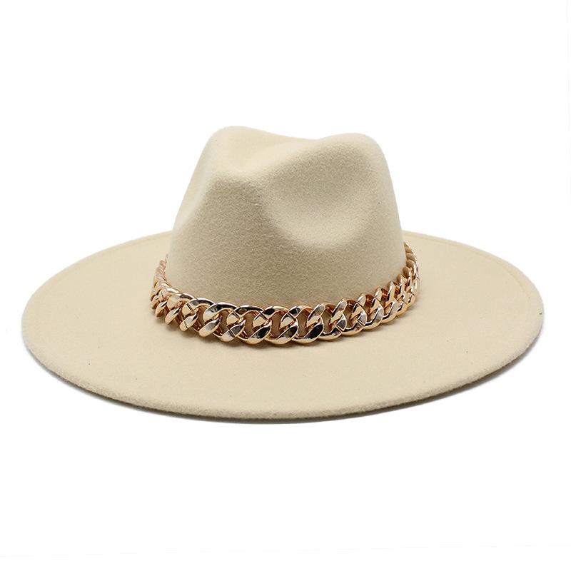 Wind Season Big Eaves Hat Thick Chain Flat Edge Top Hat Men'S And Women'S Woolen Jazz Hat Lmn177