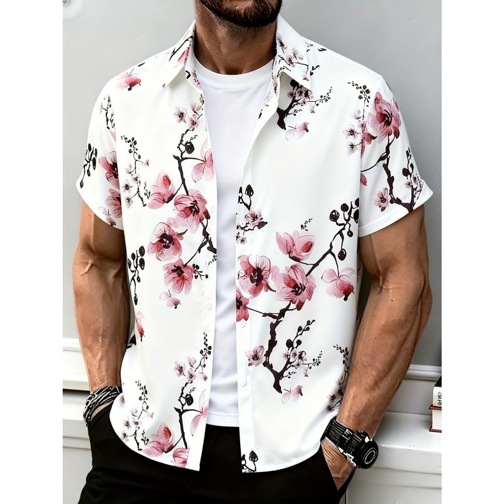 2026 New Men's Short Sleeve Outdoor Button Shirt 3D Peach Blossom Ink Painting Print Casual Outing Vacations Summer Man Clothes
