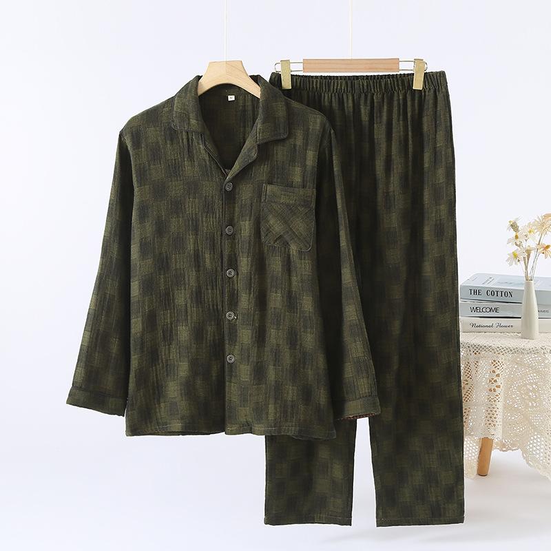Pajamas Men's Japanese Spring and Autumn Cotton Yarn-dyed Plaid Loungewear Long Sleeve Pants Set Loose Large Size Loungewear